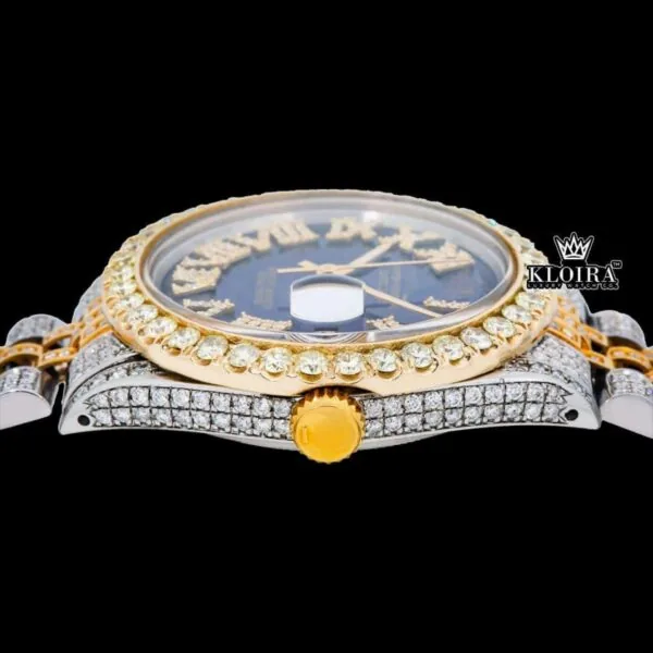 Two Tone Yellow Gold Blue Dial Yellow Roman Numerals Moissanite Watch Crown View
