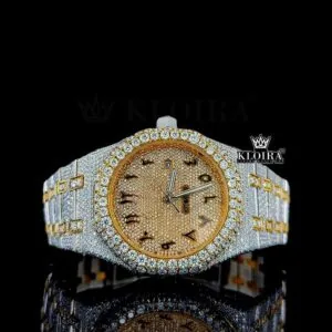Two Tone Yellow Gold Dial Black Arabic Numerals Bust Down Moissanite Watch