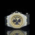 Two Tone Yellow Gold Dial Chronograph Semi Iced Out Moissanite Watch