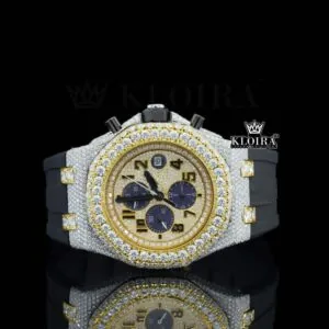 Two Tone Yellow Gold Dial Chronograph Semi Iced Out Moissanite Watch