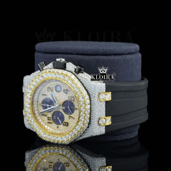 Two Tone Yellow Gold Dial Chronograph Semi Iced Out Moissanite Watch Left Profile View