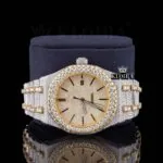 Two Tone Yellow Gold Dial Iced Out Moissanite Diamond Close Up Front View