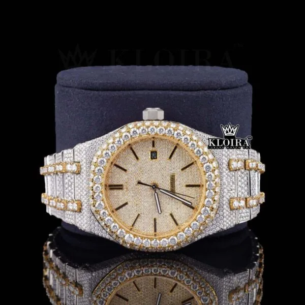 Two Tone Yellow Gold Dial Iced Out Moissanite Diamond Close Up Front View
