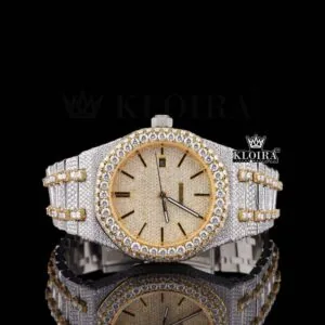 Two Tone Yellow Gold Dial Iced Out Moissanite Diamond Watch