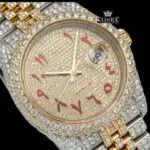 Two Tone Yellow Gold Dial Red Arabic Numerals Moissanite Diamond Watch Close Up Dial View