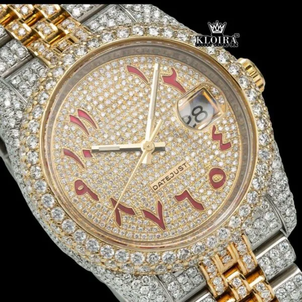 Two Tone Yellow Gold Dial Red Arabic Numerals Moissanite Diamond Watch Close Up Dial View