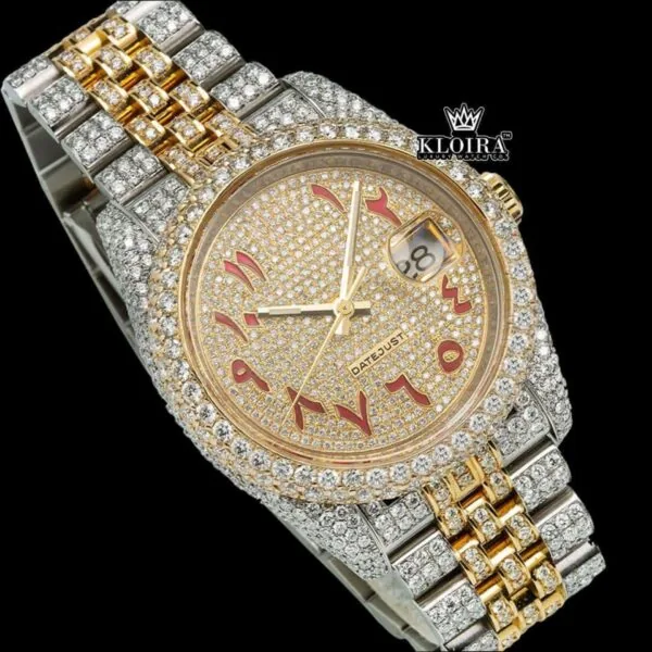Two Tone Yellow Gold Dial Red Arabic Numerals Moissanite Diamond Watch Close Up Front View