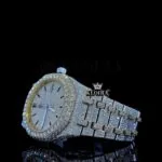 Two Tone Yellow Gold Iced Out Moissanite Diamond Watch Close Up Left Profile View