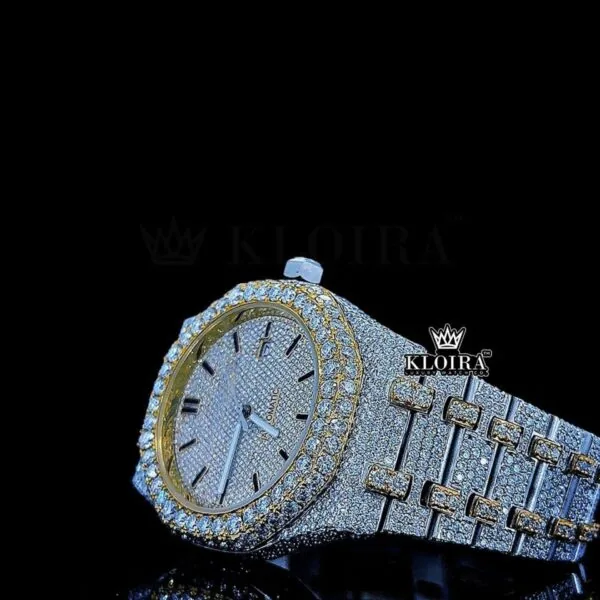 Two Tone Yellow Gold Iced Out Moissanite Diamond Watch Left Profile View