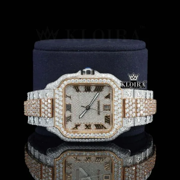 Two Tone Yellow Gold Roman Numerals Moissanite Diamond Watch Close Up Front View