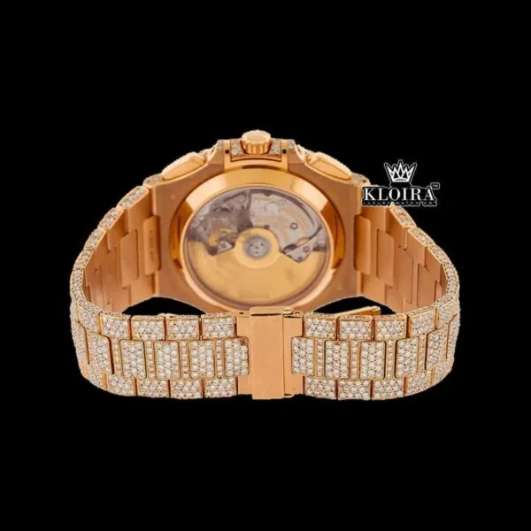 Two Yone Rose Gold Dial Chronograph Stick Markers Moissanite Diamond Watch Caseback View