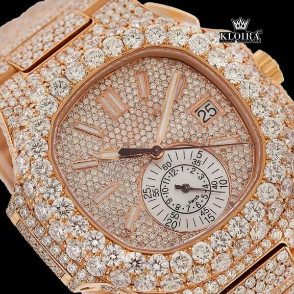 Two Yone Rose Gold Dial Chronograph Stick Markers Moissanite Diamond Watch Full Close Up Dial View