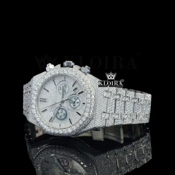 White Chronograph Dial Stick Markers Fully Iced Out Natural Diamond Watch Close Up Dial View