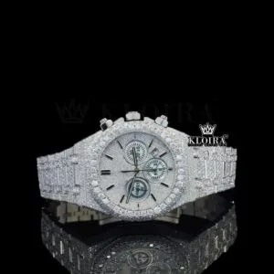 White Chronograph Dial Stick Markers Fully Iced Out Natural Diamond Watch