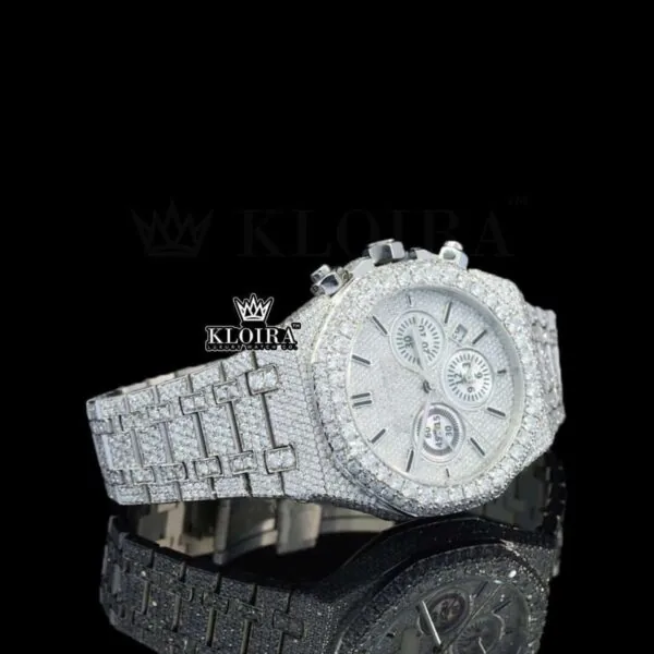 White Chronograph Dial Stick Markers Fully Iced Out Natural Diamond Watch Right Side View