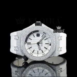 White Dial AP Black Stick Markers Semi Iced Out Moissanite Watch