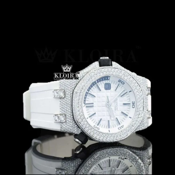 White Dial AP Black Stick Markers Semi Iced Out Moissanite Watch Right Profile View