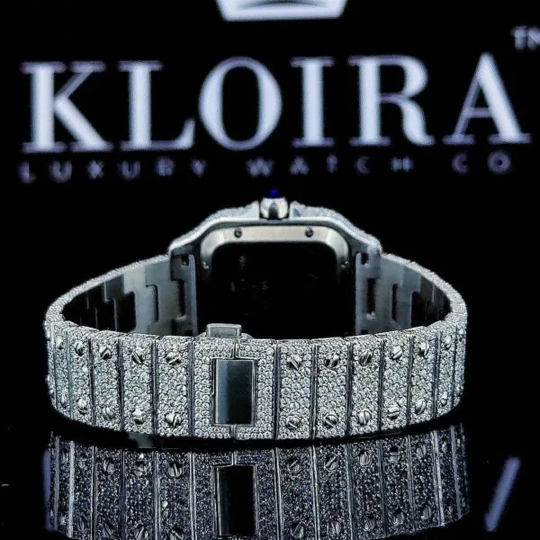 White Dial Arabic Numerals Fully Iced Out Moissanite Watch Back View