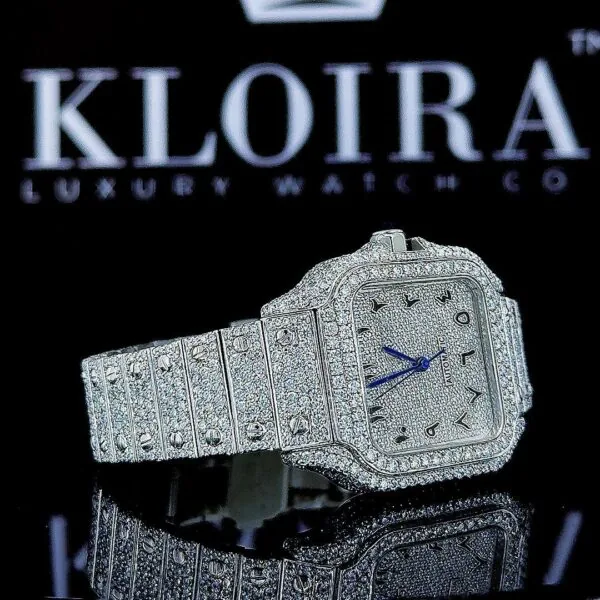 White Dial Arabic Numerals Fully Iced Out Moissanite Watch Left Strap View