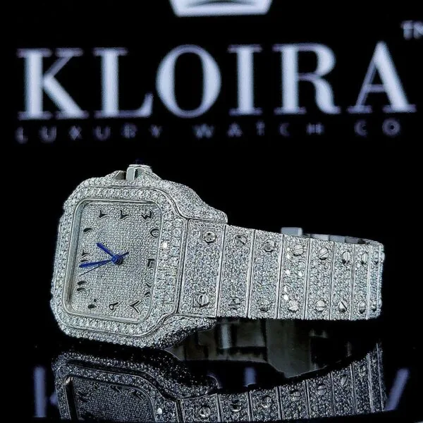 White Dial Arabic Numerals Fully Iced Out Moissanite Watch Right Strap View