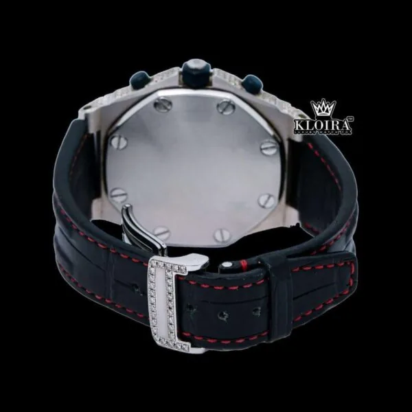 White Dial Black Leather Strap Chronograph Moissanite Diamond Watch Caseback View