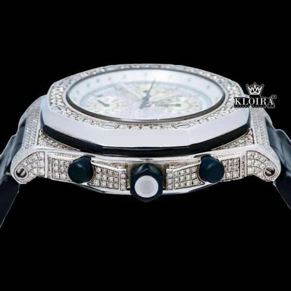 White Dial Black Leather Strap Chronograph Moissanite Diamond Watch Crown View