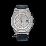 White Dial Black Leather Strap Chronograph Moissanite Diamond Watch