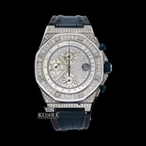 White Dial Black Leather Strap Chronograph Moissanite Diamond Watch