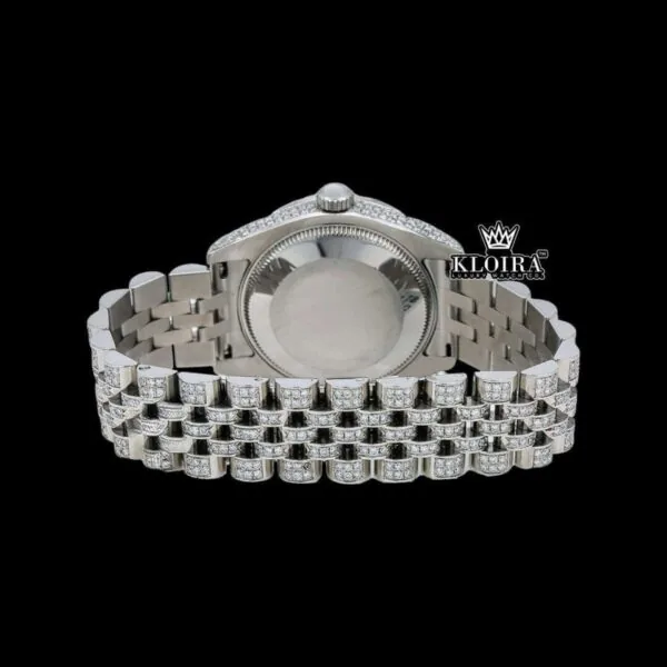 White Dial Black Roman Numerals Bust Down Moissanite Diamond Watch Caseback View