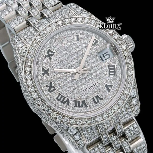White Dial Black Roman Numerals Bust Down Moissanite Diamond Watch Close Up Dial View