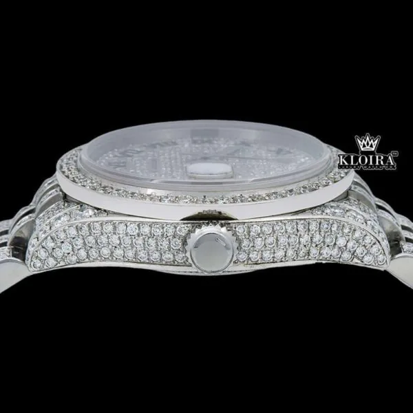 White Dial Black Roman Numerals Bust Down Moissanite Diamond Watch Crown View