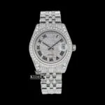 White Dial Black Roman Numerals Bust Down Moissanite Diamond Watch