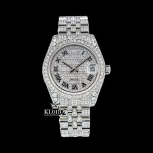 White Dial Black Roman Numerals Bust Down Moissanite Diamond Watch