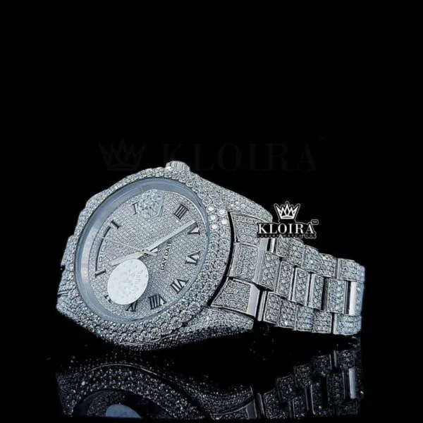 White Dial Black Roman Numerals Fully Iced Out Moissanite Watch Close Up Dial View