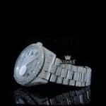 White Dial Black Roman Numerals Fully Iced Out Moissanite Watch Left Profile View
