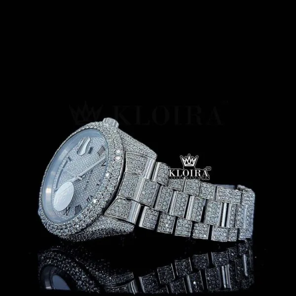 White Dial Black Roman Numerals Fully Iced Out Moissanite Watch Left Profile View