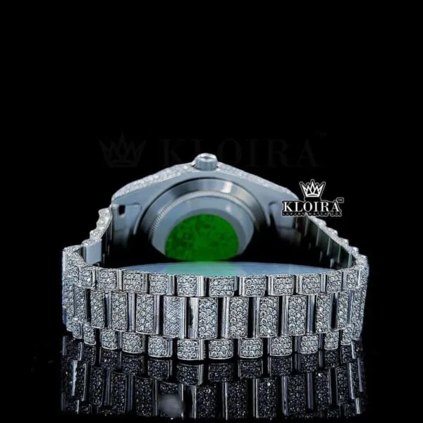 White Dial Black Roman Numerals Fully Iced Out Moissanite Watch Left Side Bracelet View