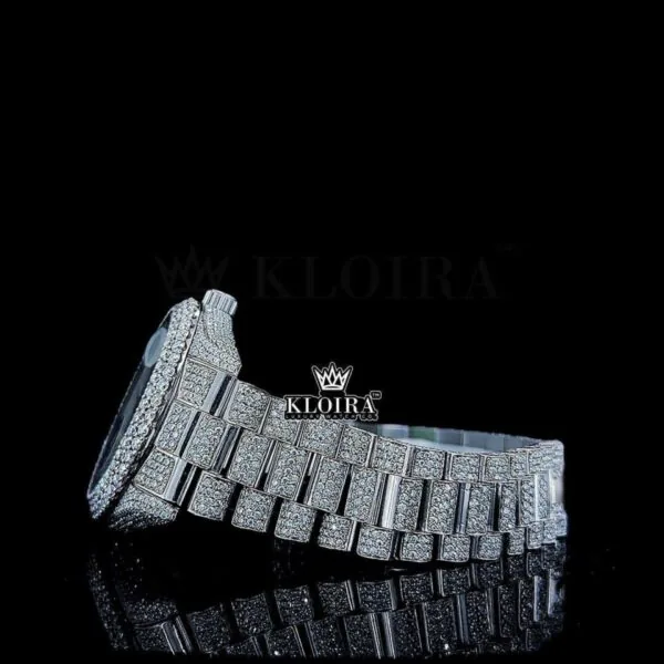 White Dial Black Roman Numerals Fully Iced Out Moissanite Watch Left Side View