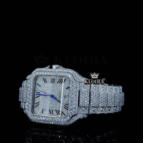 White Dial Black Roman Numerals Iced Out Block Link Strap Moissanite Watch Close Up Dial View