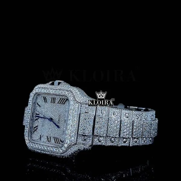 White Dial Black Roman Numerals Iced Out Block Link Strap Moissanite Watch Left Profile View