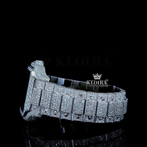White Dial Black Roman Numerals Iced Out Block Link Strap Moissanite Watch Left Side Bracelet View