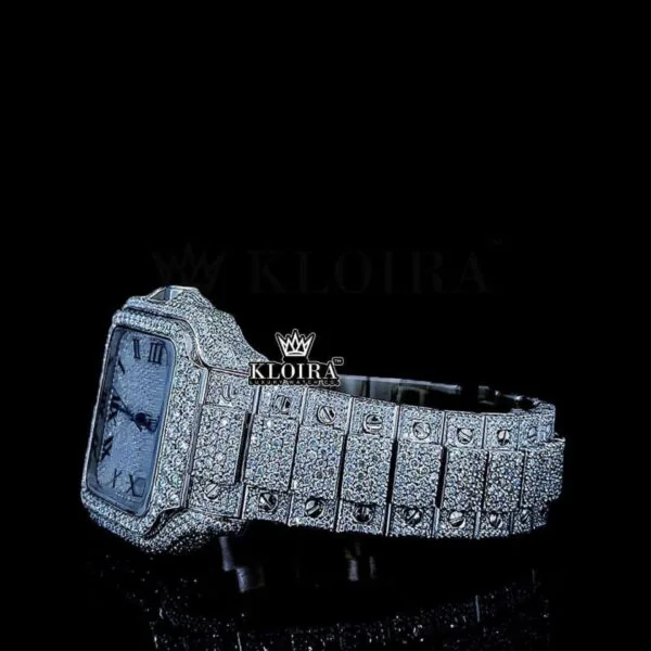 White Dial Black Roman Numerals Iced Out Block Link Strap Moissanite Watch Left Side View