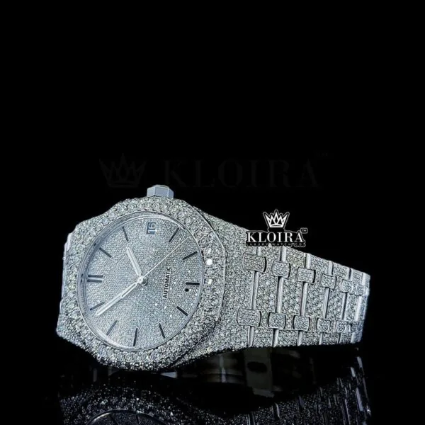 White Dial Black Stick Markers AP Fully Iced Out Moissanite Close Up Dial View