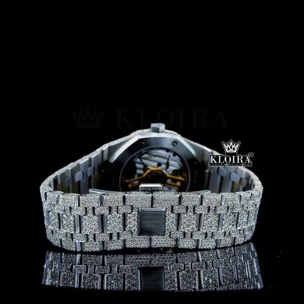 White Dial Black Stick Markers AP Fully Iced Out Moissanite Watch Caseback View