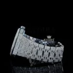 White Dial Black Stick Markers AP Fully Iced Out Moissanite Watch Close Up Left Side View
