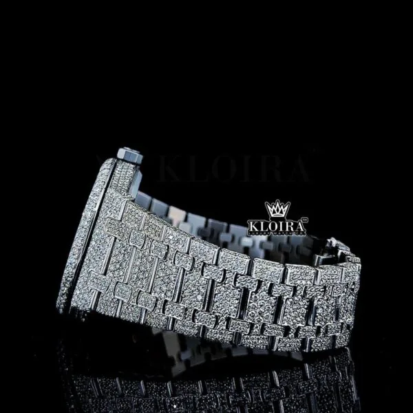 White Dial Black Stick Markers AP Fully Iced Out Moissanite Watch Close Up Left Side View