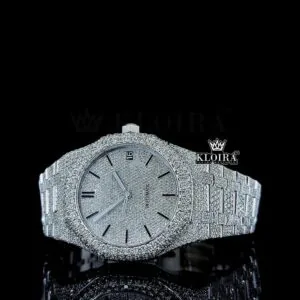 White Dial Black Stick Markers AP Fully Iced Out Moissanite Watch