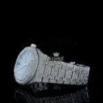 White Dial Black Stick Markers AP Fully Iced Out Moissanite Watch Left Profile View