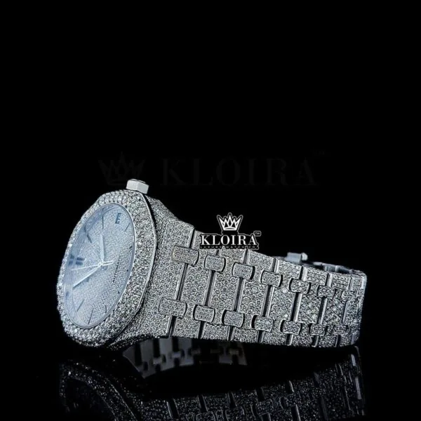 White Dial Black Stick Markers AP Fully Iced Out Moissanite Watch Left Profile View
