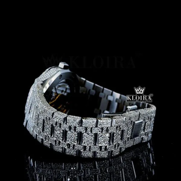 White Dial Black Stick Markers AP Fully Iced Out Moissanite Watch Left Side Bracelet View